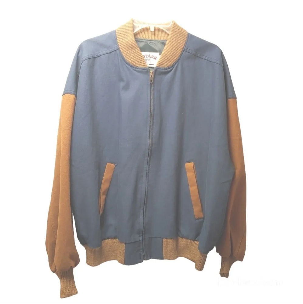 Vtg USA Denim Avaitor Bomber Jacket Skyhawks Logo Blue Tan Y2k Oversized Skater